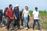 Gubernur Aceh, Muzakir Manaf atau akrab disapa Mualem, bersama investor asal Jakarta meninjau lahan tempat pembangunan pabrik rokok yang berada di pinggir Jalan Elak di Gampong Paya Gaboh, Kecamatan Sawang, Kabupaten Aceh Utara, pada Senin, (10/3/2025). (Humas Pemerintah Aceh)