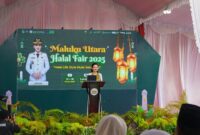 Gubernur Malut, Sherly Laos saat sambutan pada acara Maluku Utara Halal Fair 2025. (Foto: Humas Kemenkum Malut).