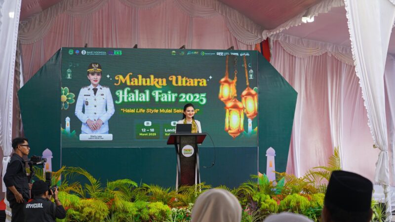 Gubernur Malut, Sherly Laos saat sambutan pada acara Maluku Utara Halal Fair 2025. (Foto: Humas Kemenkum Malut).